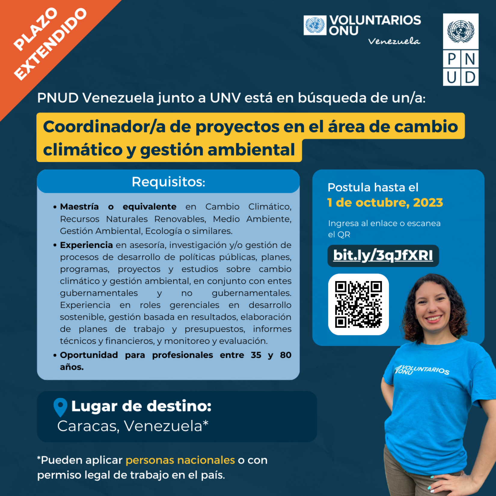 Flyer con información de la vacante para el puesto de UNV Coordinador/a de proyectos en el área de cambio climático y gestión ambiental
