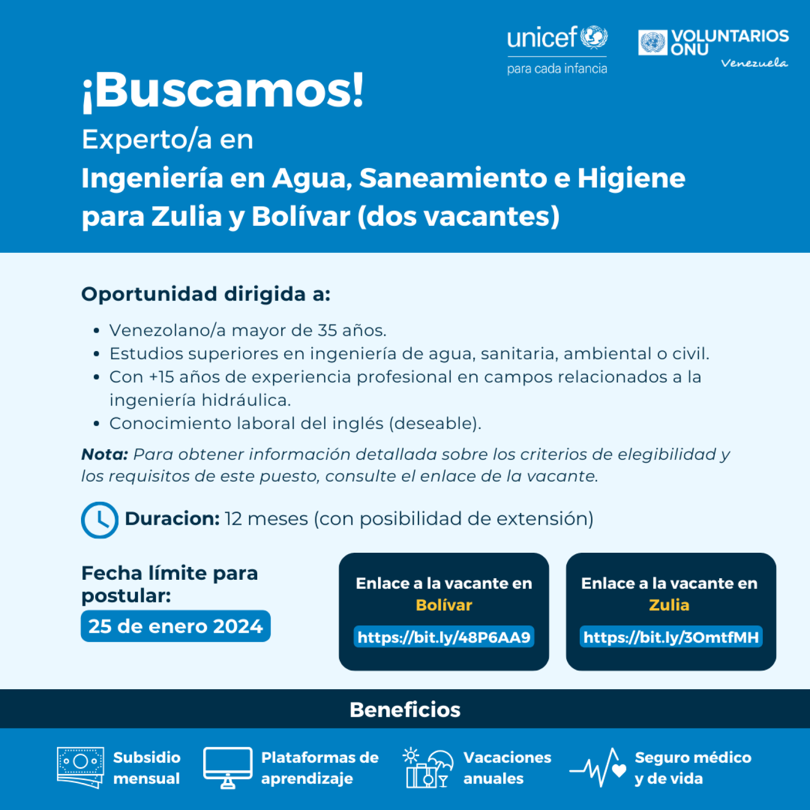 Vacante de Ingeniero en Agua, Saneamiento e Higiene en UNICEF
